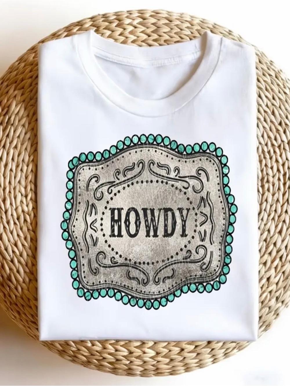 Western T-shirt Howdy Graphic Tee - White/Turquoise